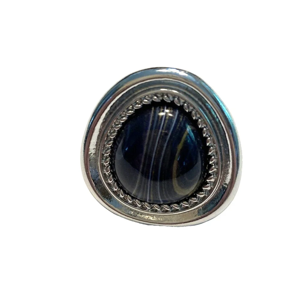 Cocktail Ring Silvertone Black Brown Stone Mod Abstract Fashion Jewelry Sz 5.75